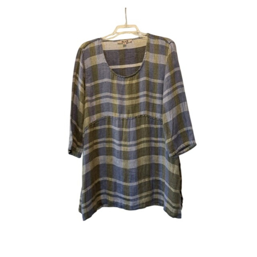 Flax Women Blue Green Plaid 100% Linen Empire Waist 3/4 Sleeve Tunic Top Size M